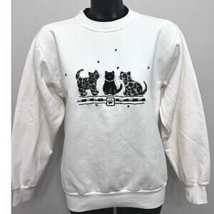Cats Hearts Embroidered Sweatshirt White/Gray/Black Women’s Sz M Kittens Winter‎